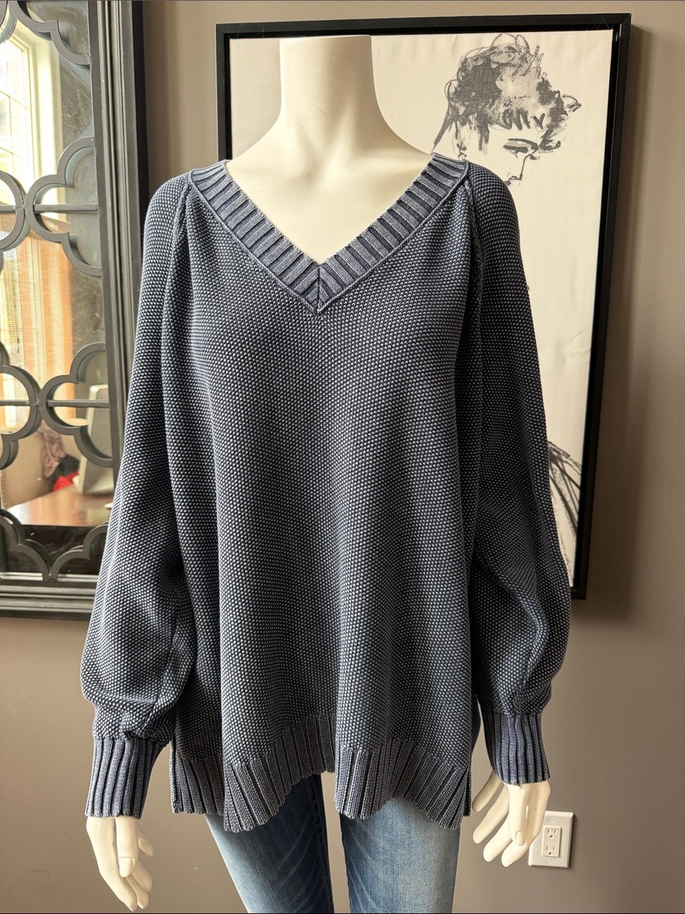 aerie Blue V-Neck Textured Knit Sweater